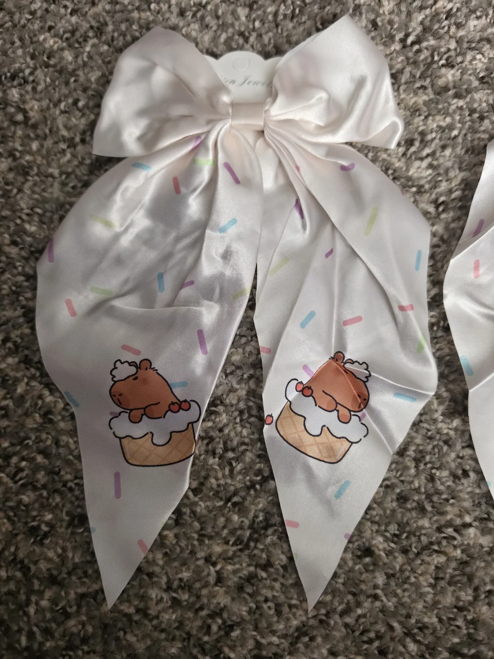 Kids Satin Bow Hair Clips with Cupcake Print - White. Set Of 2